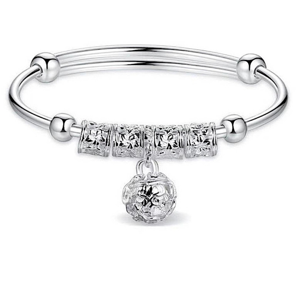 Boho Sterling Silver Resizable Ball Charm Bangle Bracelet - Picture 14 of 14